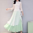 Set: 3/4 Sleeve Lace Cheongsam Top + Layered Maxi Skirt