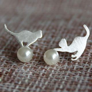 925 Sterling Silver Cat Stud Earrings