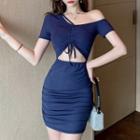 One-shoulder Drawstring Cut-out Mini Sheath Dress