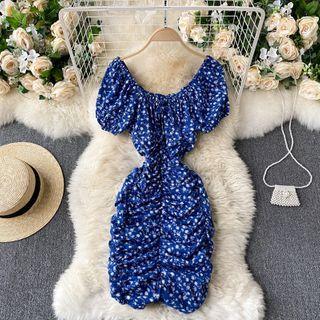 Off-shoulder Puff-sleeve Ruched Floral Dress