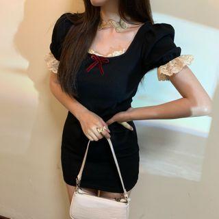 Lace Trim Puff-sleeve Mini Bodycon Dress