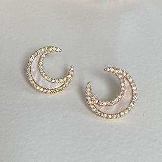 Moon Shell Rhinestone Earring 1 Pair - Silver Needle - Gold - One Size