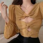 Long-sleeve V-neck Knot Slim-fit Top