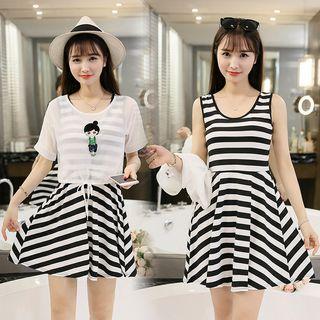 Set: Sheer Top + Sleeveless Stripe A-line Dress