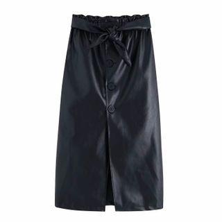 Faux Leather Slit Midi Straight-fit Skirt