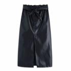 Faux Leather Slit Midi Straight-fit Skirt