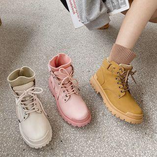 Platform Block Heel Lace Up Short Boot