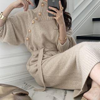 Turtleneck Button Detail Knit Dress With Sash