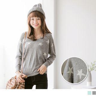 Star Print V-neck Knit Top