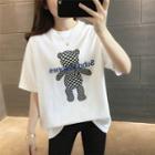 Short-sleeve Letter Embroidered Bear Print T-shirt