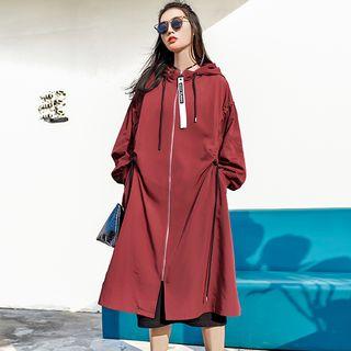 Drawstring Hooded Trench Coat Wine Red - L