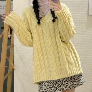 Mock-turtleneck Shirred Blouse / Cable Knit Sweater