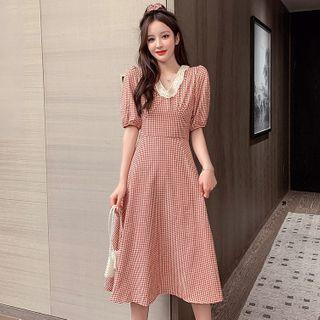 Lace Trim Plaid Elbow-sleeve Midi A-line Dress
