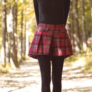 Pocket-detail Plaid Pleated Culottes