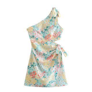 Floral One-shoulder Cutout A-line Mini Dress