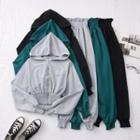 Set: Smocked-waist Hooded Jacket + High-waist Sweatpants