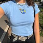 Short-sleeve Earth Embroidered T-shirt Blue - One Size