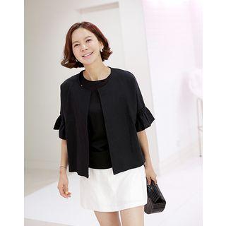 Frill-cuff Open-front Linen Blend Jacket
