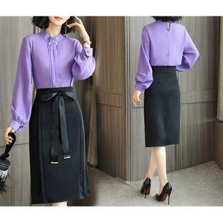 Set: Long-sleeve Blouse + Midi Fitted Skirt