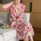 Elbow-sleeve Floral Button-up Midi Dress Floral - Purple & Red - One Size