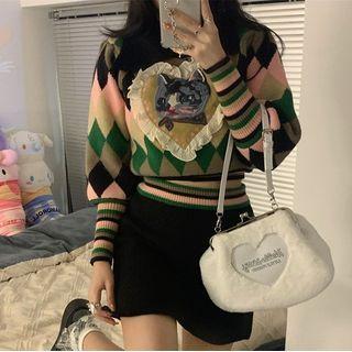 Argyle Cat Embroidered Sweater / Mini A-line Skirt