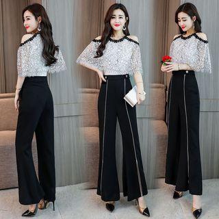 Cold Shoulder Contrast Trim Lace Panel Wide-leg Jumpsuit