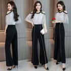 Cold Shoulder Contrast Trim Lace Panel Wide-leg Jumpsuit