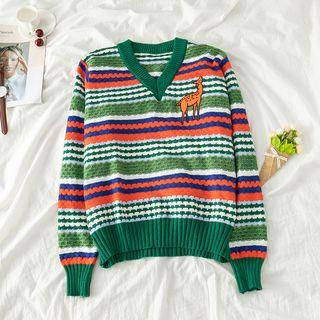 Striped V-neck Loose-fit Sweater As Shown In Figure - One Size
