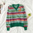 Striped V-neck Loose-fit Sweater As Shown In Figure - One Size