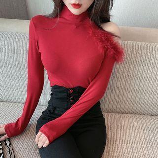 Furry Trim Cold-shoulder Long-sleeve Top