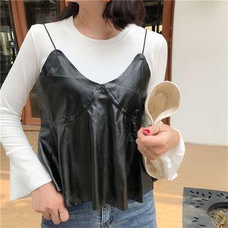 Set: Bell-sleeve T-shirt + Faux Leather Spaghetti Strap Top