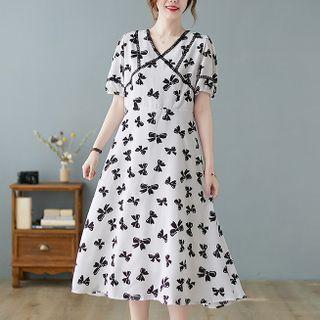 Puff-sleeve Ribbon Print A-line Dress