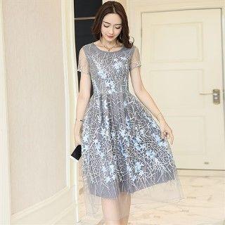 Short-sleeve Tulle Overlay Embroidery Dress