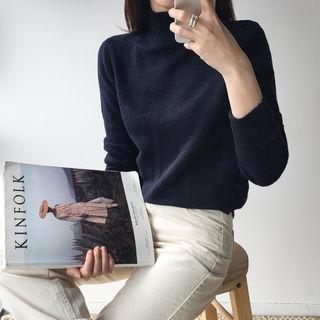 Mock-neck Plain Knit Top Navy Blue - One Size