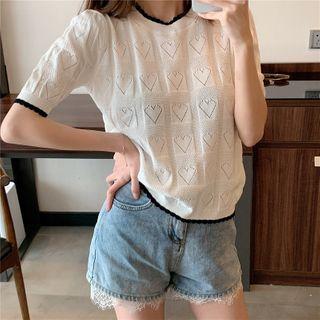 Contrast Trim Heart Printed Top White - One Size