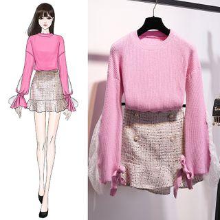 Ribbed Bow Sweater / Double-breasted Tweed Mini Skirt / Set