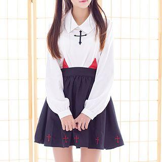 Cross Embroidered Blouse / Devil Accent A-line Skirt