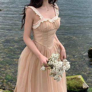 Ruffle Strap A-line Mesh Dress