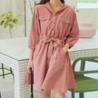 Hooded Tie-waist Shirtdress Wine Red - One Size