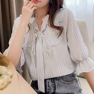 3/4-sleeve Striped Blouse Light Blue - One Size