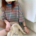 Striped Elbow-sleeve T-shirt Stripes - Pink & Blue - One Size