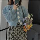 Puff-sleeve Cardigan / Flower Print Midi Sheath Dress