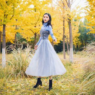 Set: Turtleneck Sweater + Spaghetti Strap Sheer Panel Midi Dress