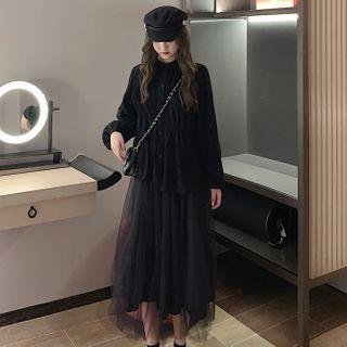Long-sleeve Buttoned Blouse / Mesh A-line Midi Skirt