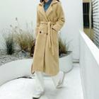 Double-breasted Faux-shearling Long Coat With Sash