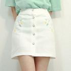 Button-front Flower Embroidered Miniskirt