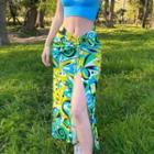 Print Drawcord Front Slit Midi Skirt