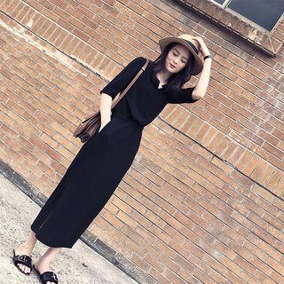 Elbow-sleeve Gathered Waist Midi Chiffon Dress