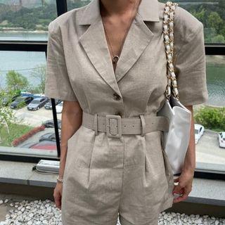 Short-sleeve Belted Wide-leg Romper