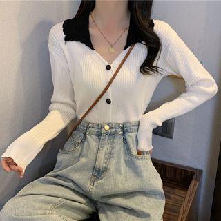 Ruffle Trim Polo-neck Cardigan